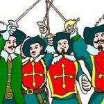 drawing of the Three Musketersa plus one being d’Artagnan, with thier swords in the air